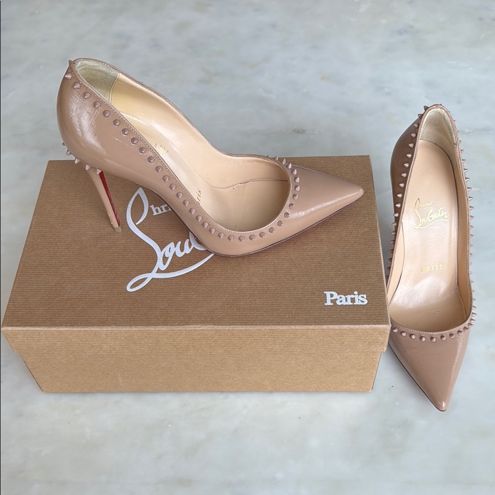 Christian Louboutin Tan and Red Heels with Studded Detail
